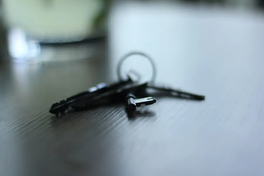 A small set of keys lying on a wooden table.